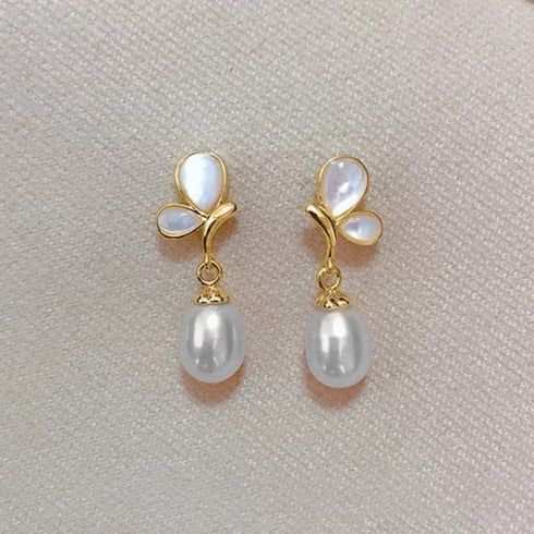 Flying Butterfly Drop Pearl Earrings - 18K Gold Vermeil